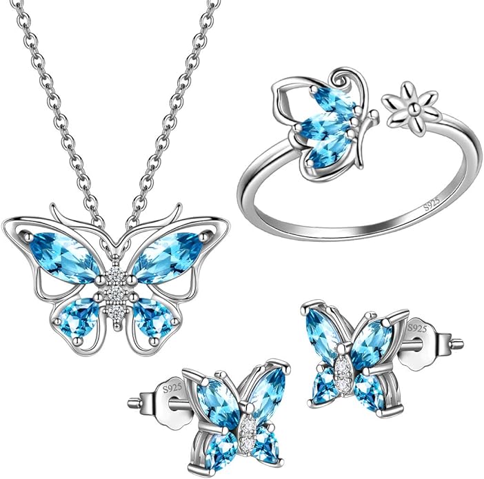 925 Sterling Silver Birthstone Butterfly Jewelry Women Crystal Animal Cute Butterflies Birthday Necklace/Earring/Ring/Bracelet Sets Birth Stone Statement Anniversary Jewellery