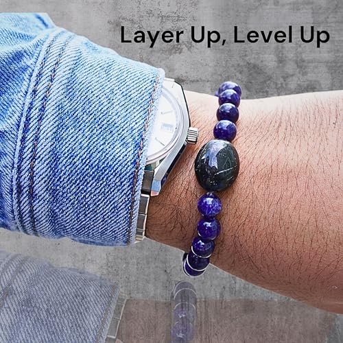Black Obisidian Bracelets for Men 8" Inch Full Stretch Healing Crystal Bracelet, Beaded Charm Bracelet for Men Gifts Fathers Day Anniversary Birthday Gifts for Him - color: Sodalite & Black Onyx
