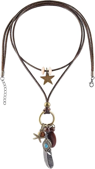 MEETCUTE Vintage Layered Necklace for Women, Leather Cord with Star Feather Turquoise Charms, Retro Boho-Statement Jewelry for Daily Outfit & GiftS