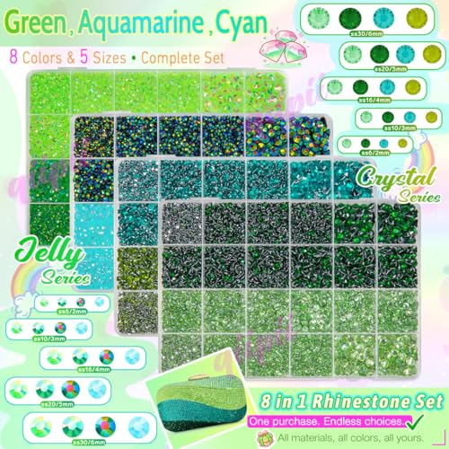 qiipii 8 Color 2-6mm Green Jelly Resin Rhinestones w B7000 Jewelry Glue for Bedazzling Crafting Flatback Stones Gems Diamonds for Nails Face Eyes Makeup Tumblers Bottles DIY Crafts Clothes Shoes Phone - color: Light / Dark / Peacock Green Series Rhineston