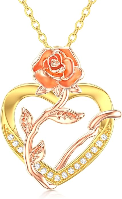 14K Solid Gold Rose Flower/Sunflower Necklaces for Women Flower Heart Pendant Necklace Love Sunshine Jewelry Anniversary Valentine's Day Birthday GiftS for Women Wife Girlfriend Her Mom