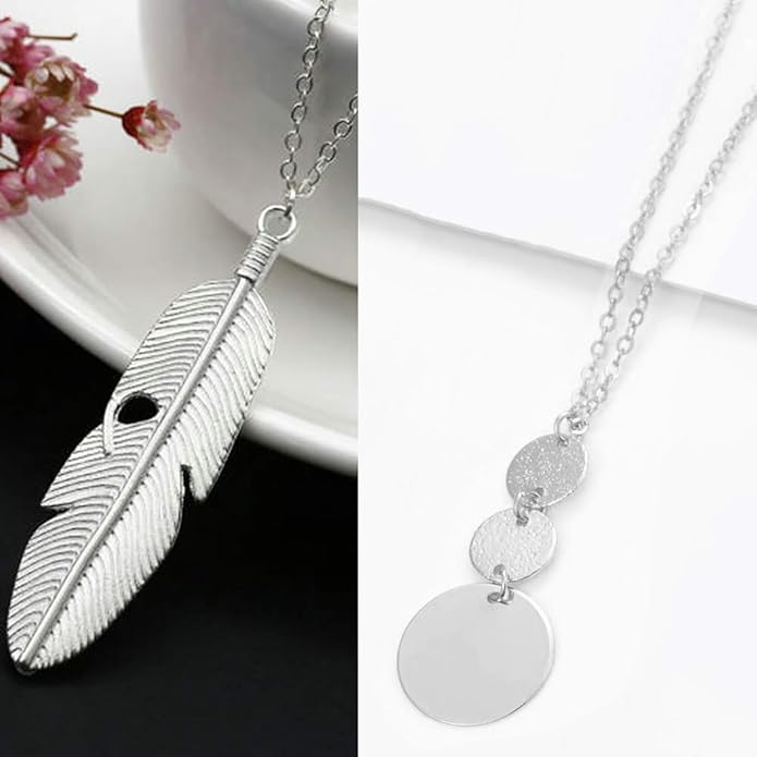 Long Necklaces for Women - Fashion Pendant Necklace Jewelry, Silver Bar Feather Circle Leaf Lock Tassel Y Necklace Jewelry Set for Girls