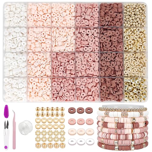 MIIIM Neutral Clay Bead Bracelet Kit, Heishi, Flat Clay and Gold Spacer Beads for Jewelry Making, Friendship Bracelet Kit for Crafts, Concerts, Raves, Gifts (Rose Smoke) - color: Rose Smoke