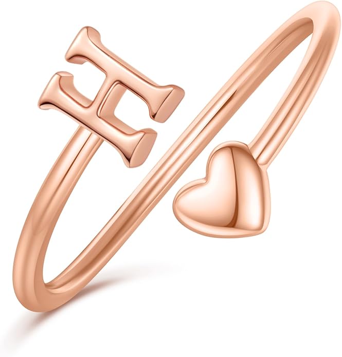 Initial Rings for Women Girls - Valentines Day Gifts for Her, Adjustable Rings for Women Non Tarnish Letter A-Z Dainty Heart Ring Teen Girls Gifts Trendy Stuff Personalized Jewelry Gift