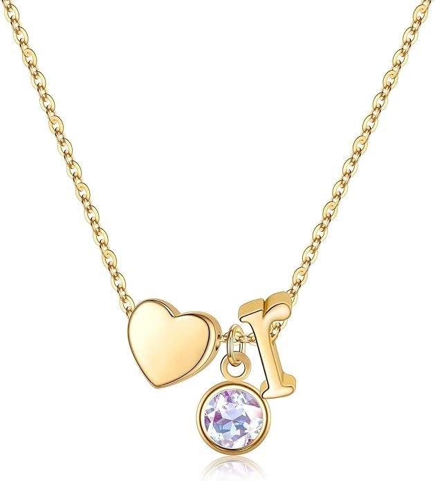 Ursilver Initial Birthstone Necklace for Women - Heart Initial Birthstone Pendant Necklace Personalized Gifts Birthday Gifts for Women