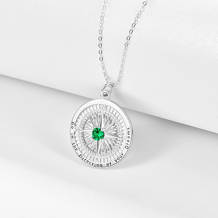 KINGWHYTE Graduation Gifts Birthstone Necklace for Women 925 Sterling Silver Compass Pendant Go in the Direction of your Dream Travel Jewelry Birthday Gift for Her