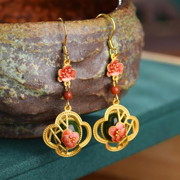 14K Gold over S925 Real Natural Jade Plum Blossom Earrings, Enamel Vintage Style Dangle Earrings, Delicate Jade Jewelry Gift for Wife's Elegance
