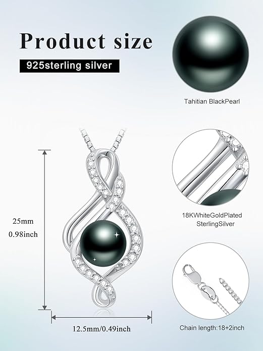 Tahitian Black Pearl 18K White Gold Plated Sterling Silver Heart/Infinity/Four Leaf Clover Pendant Necklace Jewelry Gifts for Women Wife Mom Girlfriend Wedding Birthday Anniversary Christmas