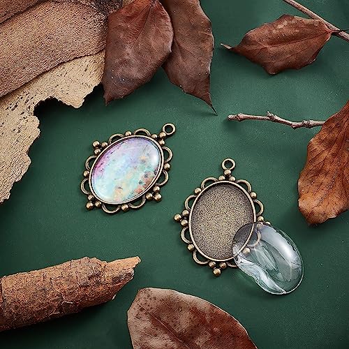 PH PandaHall 5pcs Pendant Tray Oval Charms Cabochon Bezel and 5pcs 40x30mm Glass Cabochon Dome Tiles Clear Cameo Memorial Photo Pendant for Bouquet Wedding Brides Graduation Charm - color: Antique Bronze Oval - 5 Sets
