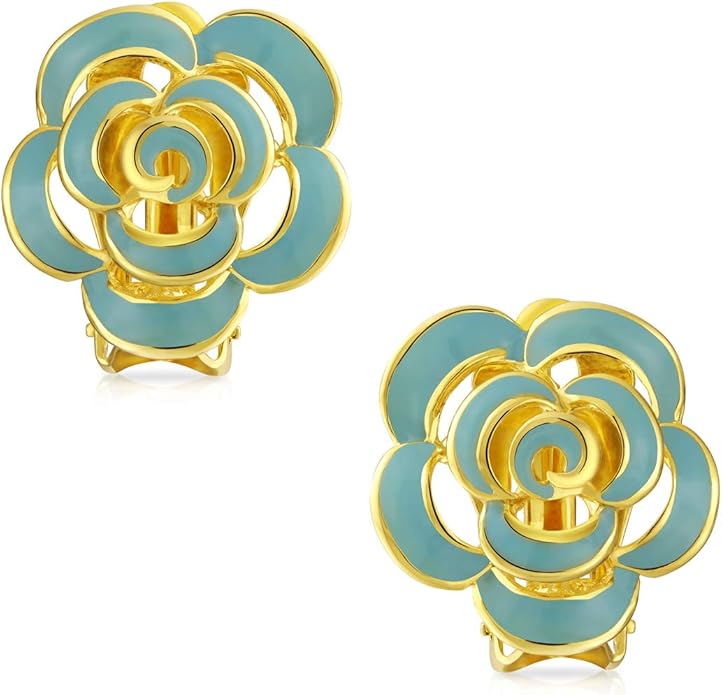 Pink Red Enamel Flower Crystal Edge Spring Retro Floral Rose Clip On Earrings For Women Non Pierced Ears 14K Gold Plated