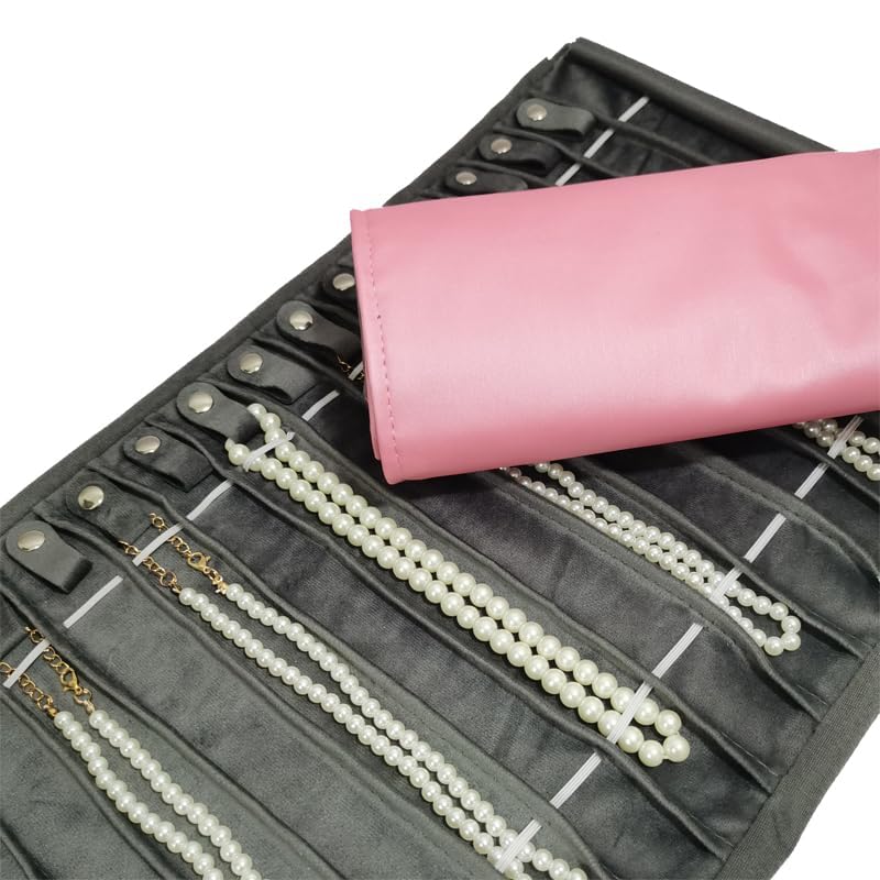 Portable Jewelry Roll Untangled Secure Necklace Travel Storage Bag Displays Holder 16 Chain (Pink PU and gray velvet) - color: Pink PU and gray velvet