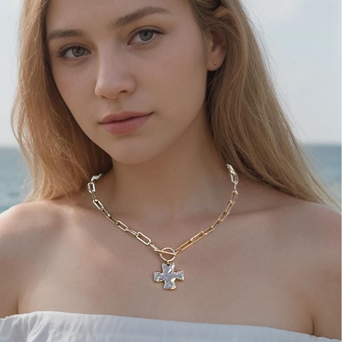 Gold Chunky Cross Necklace for Women - Statement Layered Hammered Cross Pendant Jewelry with Vintage Toggle Clasp, Bold Paperclip Chain Necklace Gift for Her