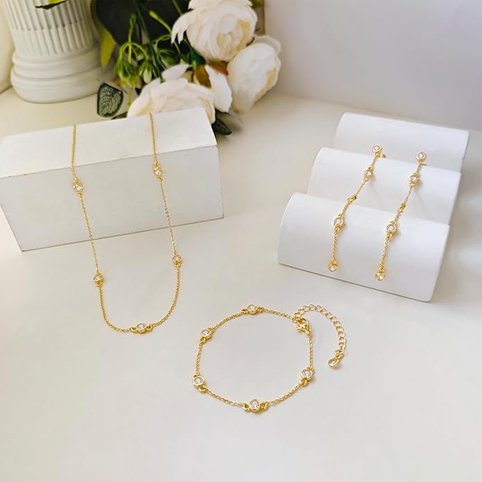 Tennis Necklace Bracelet for Women, Dainty Sterling Sliver Choker Necklace Crystal Link Bracelet Stud Earrings for Women Wedding Jewelry for Bride Jewelry Set Accessories
