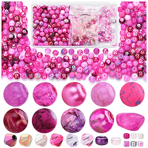 Rired 27 8mm Round Glass Beads Kit, Craft Beads for Bracelet Making, Hot Pink Color with 4mm Bicone Crystal Beads, 2-4mm Spacer Seed Beads for Jewelry Making, Necklace, Phone Charms, DIY Earrings - color: ROSE