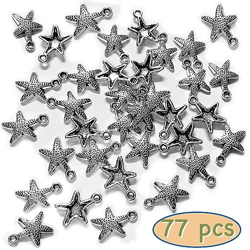 Heather's cf Silver Sea Charms – Antique Pendants, Non-Tarnish, Lead-Free & Nickel-Free, Bulk Ocean Animal Charms for DIY Jewelry, Bracelets, Necklaces, Earrings, Beach Craft Supplies (Sea Animals) - color: Dotted Starfish - 77 Pcs