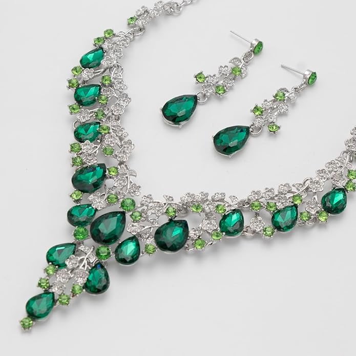 Bridal Bridesmaid Austrian Crystal Jewelry Set, Floarl rhinestone Statement Neckace Teardrop Necklace Drop Dangle Earrings Set