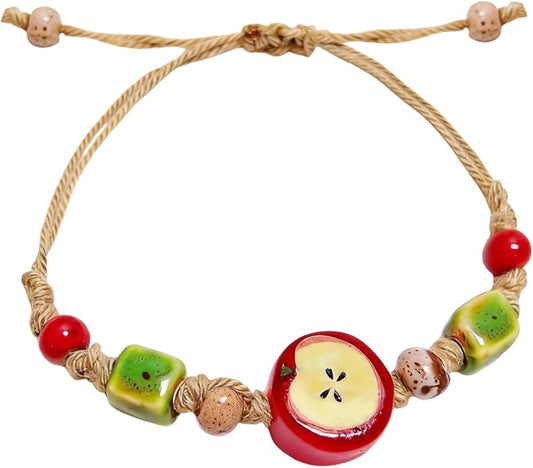 Handmade Ceramic Apple Charm Bracelet, Woven Rope String Wristband with Red Fruit Porcelain Beads, Adjustable Artisan Jewelry for Women, Nature-Inspired Accessory, Unique Teacher Appreciation Gifts