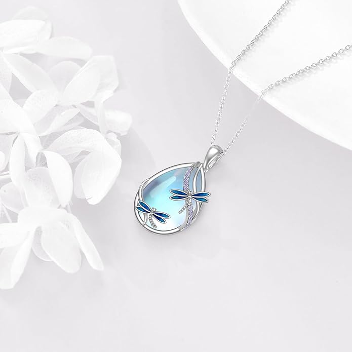 KQF Dragonfly/Butterlfy/Cat/Jellyfish/Bunny/Axolotl/Bee/Mermaid/Hummingbird/Elephant Necklace for Women Sterling Silver Moonstone Pendant Necklace Dragonfly Jewelry Gifts for Women