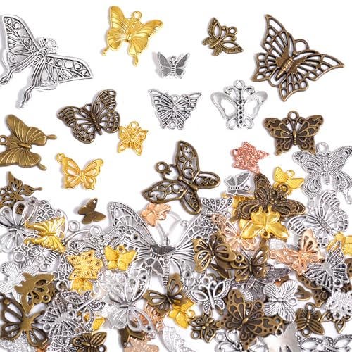 stino 100g Metal Pendant Charms for Jewelry Making, Bulk Silver & Gold Plated Charms for Braclet Necklace Crafts, Animal Plant Flower Pet and so on - color: Butterfly Mixed Color