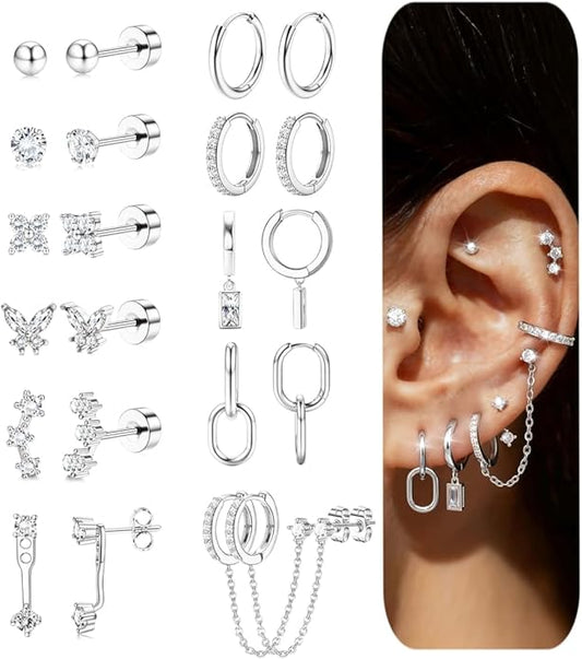 HAIAISO Small 14K Gold Plated Huggie Hoop Earrings for Women Lightweight Double Piercing Chain Earrings Dainty Stud Earrings Hypoallergenic 14K Gold Plated Hoop Earrings Set