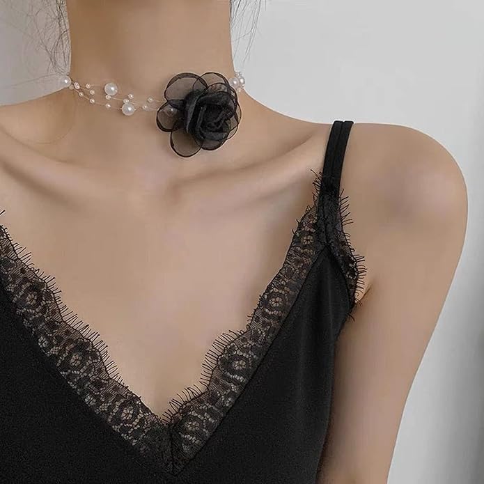Boho Flower Pearl Choker Necklace for Floral Choker,Women Dainty Pearl Beaded Chain Collar Necklace Flower Necklace for Women Trendy Jewelry