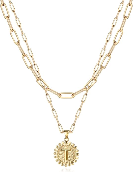 Yoosteel Valentines Gifts for Women Her - Gold Layered Initial Necklaces for Women 14K Gold Plated Dainty Layering Paperclip Link Chain Necklace Coin Initial Necklace Birthday Gifts for Teen Girls
