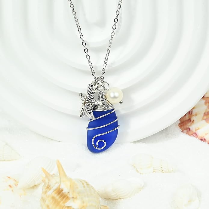 Sea Glass Necklace, Wire Wrapped Beach Necklaces, Sea Glass Jewelry, Handmade Blue Beach Jewelry for Women Trendy