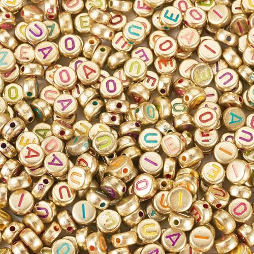 500Pcs Vowel Letter Opaque Acrylic Beads 7x3.5mm Flat Round Initial Letter Alphabet A/E/I/O/U Loose Spacer Beads for DIY Friendship Bracelet Necklace Jewelry Making - color: Golden Color