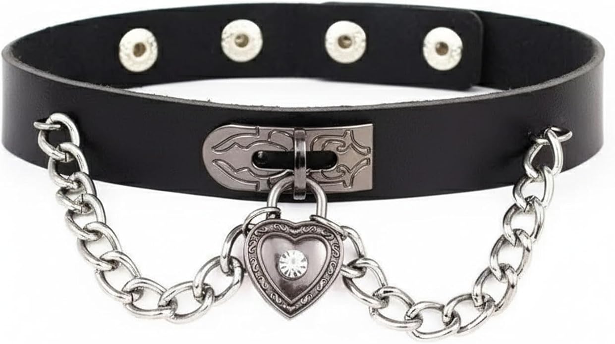 Goth Heart Chain Choker Necklace, Gothic Punk Grunge Emo Necklace, PU Leather Choker, Halloween Jewelry Gifts for Women