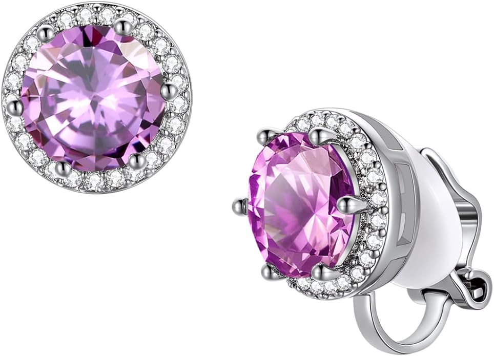 FindChic Sparkling Birthstone Clip On Earrings for Women, Silver Plated Stud Earrings 8MM Cubic Zirconia Non Pierced Studs, 12 Months Birthday Jewelry Gift