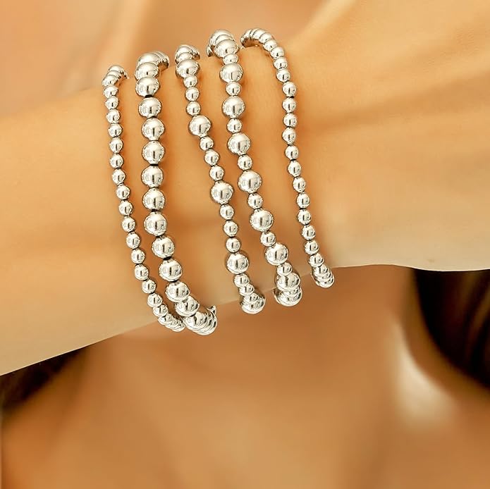 wgoud Gold Bracelets for Women - Trendy 14K Real Gold Plated Beaded Bracelet Set with Stretch Beads, Waterproof, Adjustable, Perfect Gifts