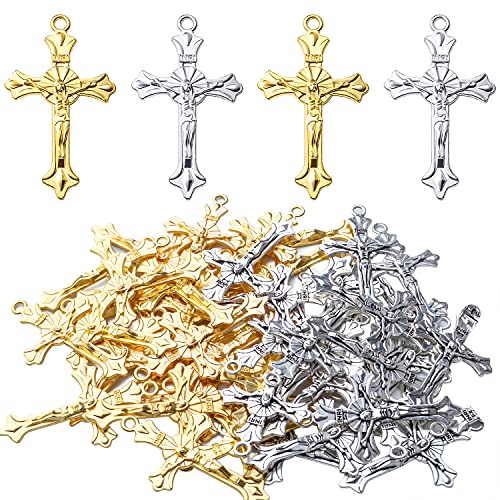 BronaGrand 50pcs Alloy Cross Charms Pendants Jewelry Rosary Cross Charms for DIY Bracelet Necklace Jewelry Making Findings,37×22mm - color: Gold/Antique Silver