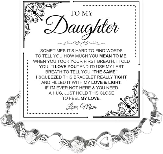 To My Daughter Bracelet, Silver Heart Chain Bracelet with Shiny Stones, Perfect Birthday or Graduation Christmas Gift for Daughter with Message Card Gift Box
