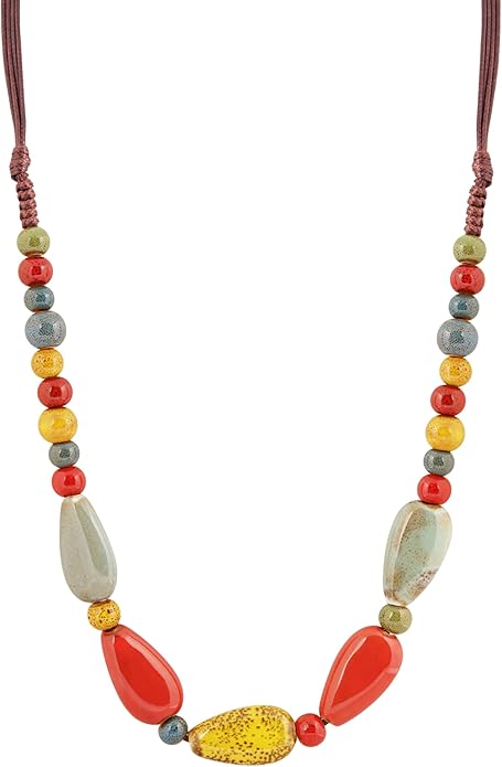 MINACHI Boho Hippie Round Ceramic Beads Strand Necklace, Vintage Bohemian Summer Beach Jewelry Gift for Women