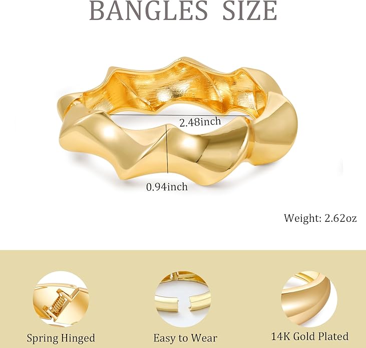 Bangle Bracelets for Women | 14K Gold Plated Trendy Wide Bracelets | Hinged Arm Cuff Bangles Chunky Bracelet for Women