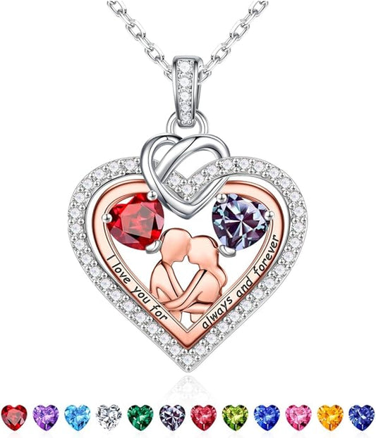 Iefil Valentines Day Gifts for Her - 925 Sterling Silver Double Heart Birthstone Necklace for Women, Anniversary Birthday Gifts for Wife I Love You Gift Couple Sitting Hugging Each Other Jewelry Gift
