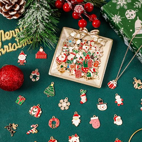 MARFOREVER 120 PCS Christmas Charms for Jewelry Making, Assorted Gold Enamel Snowman Elk Santa Xmas Tree Charm Pendants for DIY Bracelet Necklace Earrings Making Supplies Christmas Gifts - style: Christmas