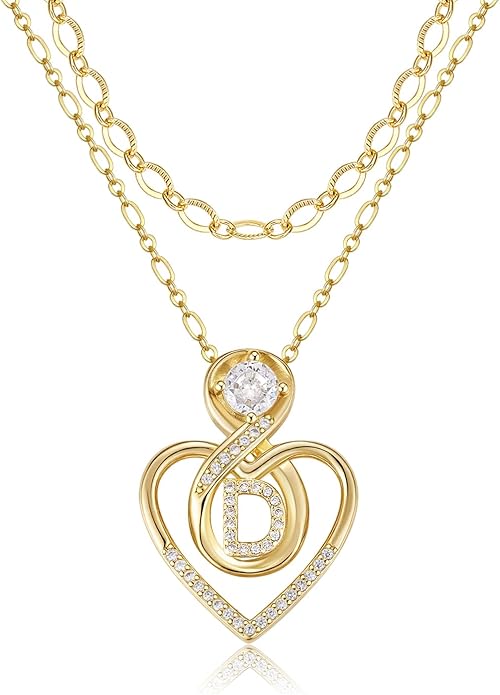 Heart Letter Necklaces for Women 14K Gold Plated Cubic Zirconia Heart Initial Layered Necklace Infinity Pendant Necklace Letter Initial Jewelry for Women