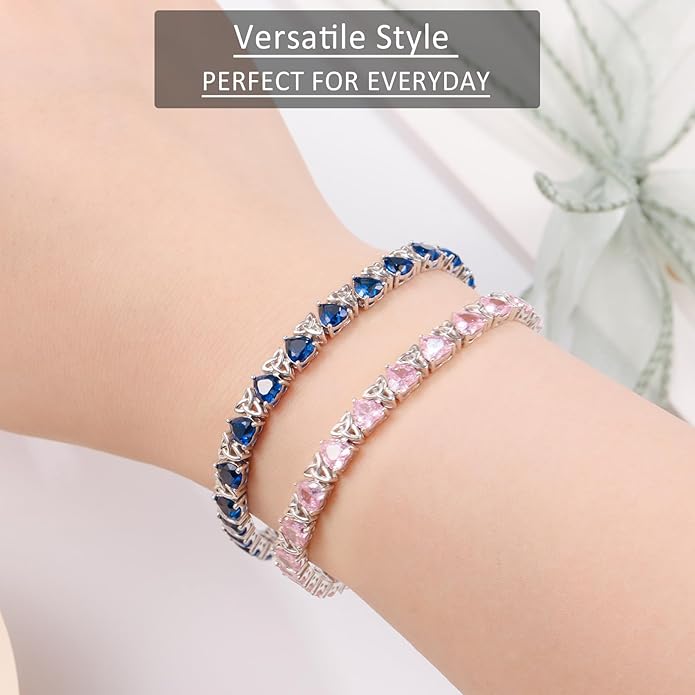 Birthstone Tennis Bracelets for Women, 925 Sterling Silver Heart Shaped Celtic Trinity Knot, 7 Inch Charm Trendy Hypoallergenic Anniversary Birthday Gifts for Her