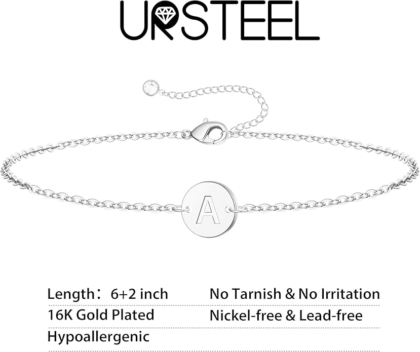 Ursteel Gold Initial Bracelet for Women Trendy - Valentines Day Gifts for Kids Teen Girls, Personalized A-Z Letter Cute Bracelet for Women, Dainty Gold Coin Disc Womens Jewelry Gifts