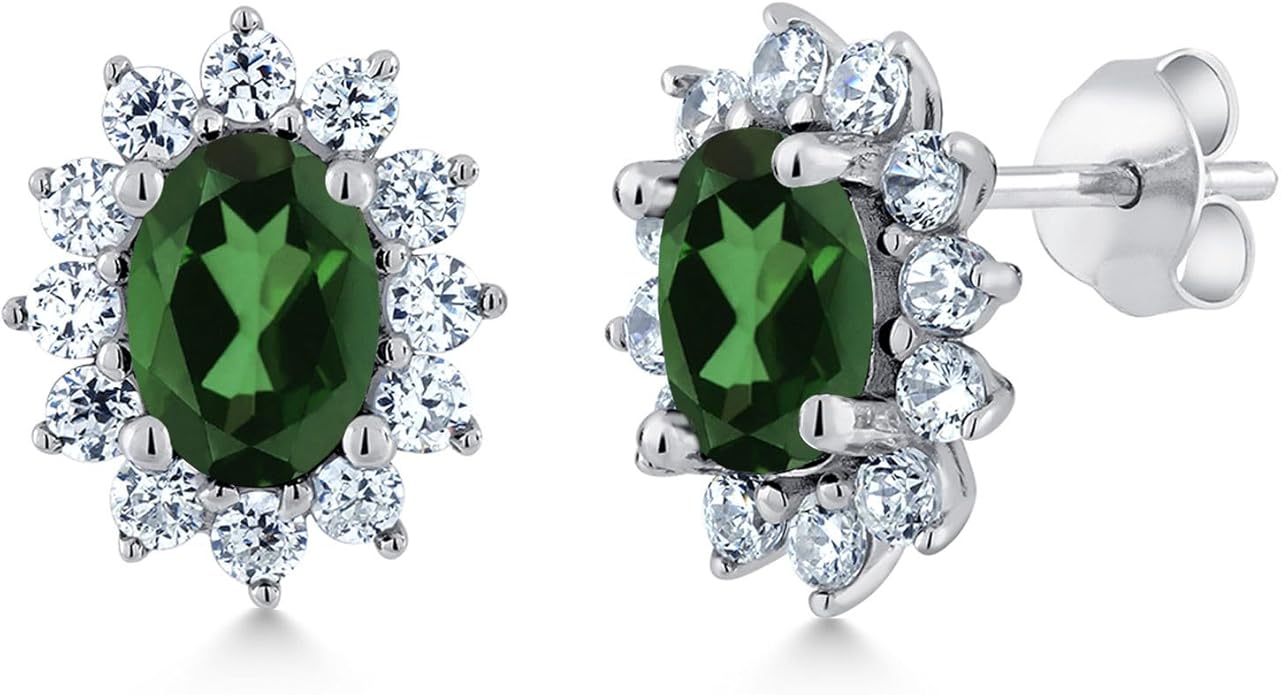 Gem Stone King 7X5MM Oval Gemstone Birthstone Stud Earrings For Women | Princess Diana Royal Halo Style | 925 Sterling Silver | Fine Jewelry Gifts for Anniversary Wedding Her Mom Women Wife