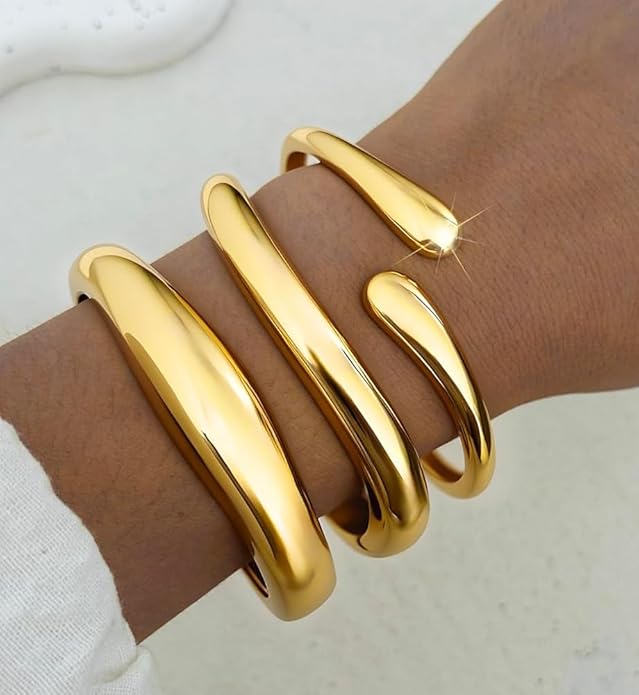 Chunky Gold Bangle Bracelets for Women, Dainty 14k Gold Plated Big Stackable Bangles Set, Trendy Statement Cuff Bracelet Stack Fashion Jewelry Christmas Gifts