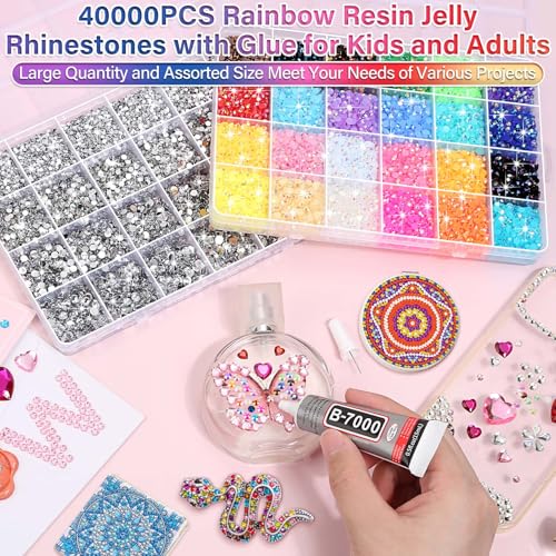 40000Pcs Resin Rhinestones with B7000 Jewelry Glue for Bedazzling Crafting, Rainbow Crystals Flat Back Gems with Craft Adhesive for DIY Graduation Cap Clothes Tumblers Shoes Nails and Face - size: 2mm-6mm