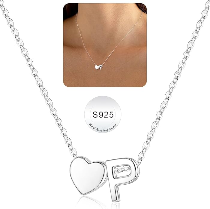 Turandoss Valentines Gifts for Her Kids Girls, Dainty S925 Sterling Silver Tiny Heart Letter A-Z Pendent Necklace Trendy Birthday Valentines Jewelry Gifts for Girls Women