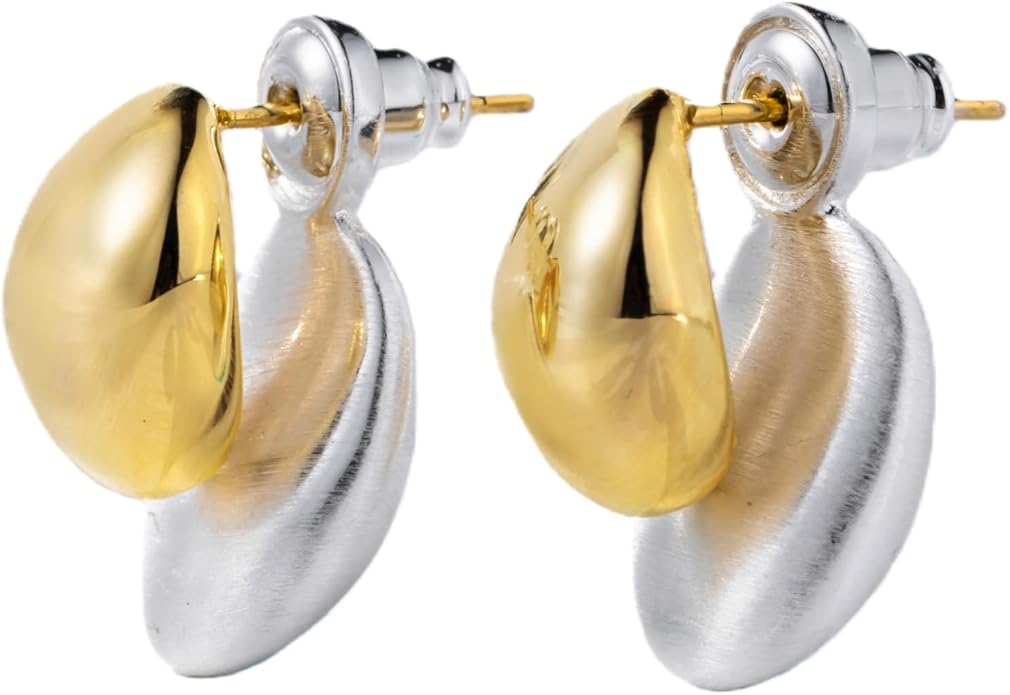 Two-Tone Chunky Oval Ball Earrings for Women, 2 in 1 Gold Silver Front and Back Stud Earrings, Lightweight 925 Sterling Silver Post, Fashion Jewelry Gift