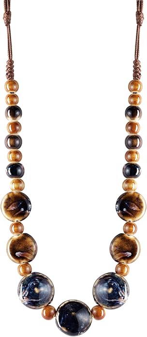 MINACHI Boho Hippie Round Ceramic Beads Strand Necklace, Vintage Bohemian Summer Beach Jewelry Gift for Women