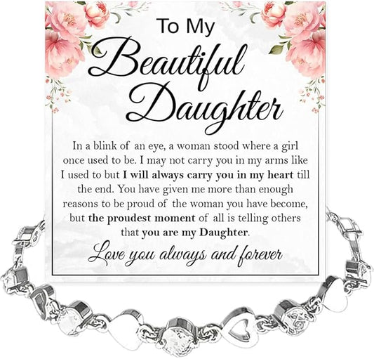 To My Daughter Bracelet, Silver Heart Chain Bracelet with Shiny Stones, Perfect Birthday or Graduation Christmas Gift for Daughter with Message Card and Gift Box