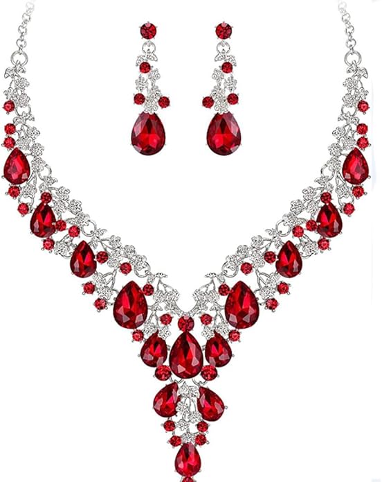 Bridal Bridesmaid Austrian Crystal Jewelry Set, Floarl rhinestone Statement Neckace Teardrop Necklace Drop Dangle Earrings Set