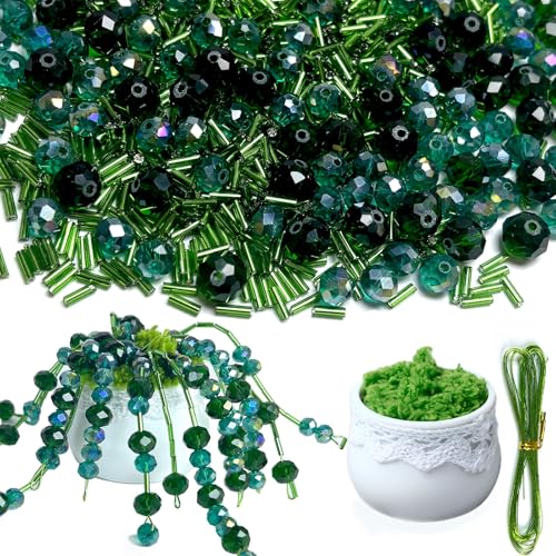 1189pcs Glass Bead Plant Kit, Green Beads with Pot for Plant Making, Nature Crystal Faceted and Bugle Beads Bulk Kit for Craft DIY Charms Wind Chimes
