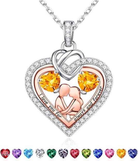 Iefil Valentines Day Gifts for Her - 925 Sterling Silver Double Heart Birthstone Necklace for Women, Anniversary Birthday Gifts for Wife I Love You Gift Couple Sitting Hugging Each Other Jewelry Gift